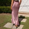 imageIDOPIP Women High Waist Satin Skirt Elegant Summer Long Maxi Skirt Formal Trendy Ruffle Work Skirts Elastic Casual Midi SkirtPink