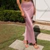 imageIDOPIP Women High Waist Satin Skirt Elegant Summer Long Maxi Skirt Formal Trendy Ruffle Work Skirts Elastic Casual Midi SkirtPink