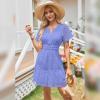 imageIDOPIP Women Short Sleeve Hollow Out Mini Dress Summer Casual Ruffle Dress Aline V Neck Sundress Beach Lace Vacation DressBlue