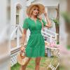 imageIDOPIP Women Short Sleeve Hollow Out Mini Dress Summer Casual Ruffle Dress Aline V Neck Sundress Beach Lace Vacation DressGreen