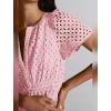 imageIDOPIP Women Short Sleeve Hollow Out Mini Dress Summer Casual Ruffle Dress Aline V Neck Sundress Beach Lace Vacation DressPink