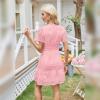 imageIDOPIP Women Short Sleeve Hollow Out Mini Dress Summer Casual Ruffle Dress Aline V Neck Sundress Beach Lace Vacation DressPink