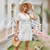 imageIDOPIP Women Short Sleeve Hollow Out Mini Dress Summer Casual Ruffle Dress Aline V Neck Sundress Beach Lace Vacation DressWhite