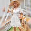 imageIDOPIP Women Short Sleeve Hollow Out Mini Dress Summer Casual Ruffle Dress Aline V Neck Sundress Beach Lace Vacation DressWhite