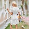 imageIDOPIP Women Short Sleeve Hollow Out Mini Dress Summer Casual Ruffle Dress Aline V Neck Sundress Beach Lace Vacation DressWhite