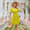 imageIDOPIP Women Short Sleeve Hollow Out Mini Dress Summer Casual Ruffle Dress Aline V Neck Sundress Beach Lace Vacation DressYellow