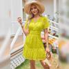 imageIDOPIP Women Short Sleeve Hollow Out Mini Dress Summer Casual Ruffle Dress Aline V Neck Sundress Beach Lace Vacation DressYellow