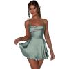 imageIDOPIP Womens Crisscross Straps Satin Romper Dress Summer Sexy Ruffle Layer Jumpsuit Mini Dress Formal Prom Party Gown Elegant Wedding Guest Outfit Backless Short Dress Green L