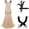 imageWomens 1920s Flapper Dress Vintage Great Gatsby Party Sequin Maxi Evening Cocktail Dresses with 20s Accessories SetApricot