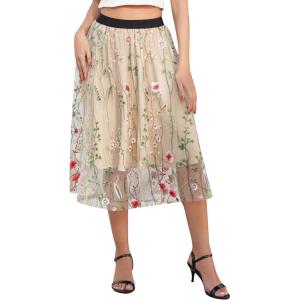 imageIDOPIP Women Floral Embroidered Mesh Skirt Elegant Elastic Waist Tulle Midi Skirt Cocktail Party Layered A Line Skirt DressApricot