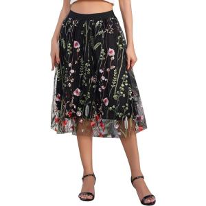 imageIDOPIP Women Floral Embroidered Mesh Skirt Elegant Elastic Waist Tulle Midi Skirt Cocktail Party Layered A Line Skirt DressBlack
