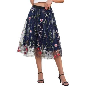 imageIDOPIP Women Floral Embroidered Mesh Skirt Elegant Elastic Waist Tulle Midi Skirt Cocktail Party Layered A Line Skirt DressBlue