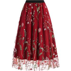 imageIDOPIP Women Floral Embroidered Mesh Skirt Elegant Elastic Waist Tulle Midi Skirt Cocktail Party Layered A Line Skirt DressRed
