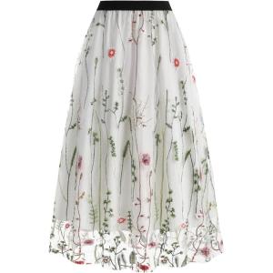 imageIDOPIP Women Floral Embroidered Mesh Skirt Elegant Elastic Waist Tulle Midi Skirt Cocktail Party Layered A Line Skirt DressWhite