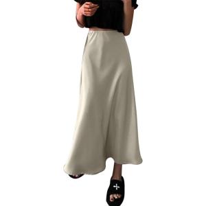 imageIDOPIP Women High Waist Satin Skirt Elegant Summer Long Maxi Skirt Formal Trendy Ruffle Work Skirts Elastic Casual Midi SkirtApricot