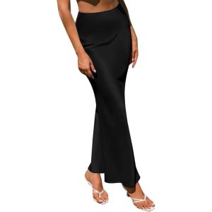 imageIDOPIP Women High Waist Satin Skirt Elegant Summer Long Maxi Skirt Formal Trendy Ruffle Work Skirts Elastic Casual Midi SkirtBlack