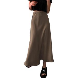 imageIDOPIP Women High Waist Satin Skirt Elegant Summer Long Maxi Skirt Formal Trendy Ruffle Work Skirts Elastic Casual Midi SkirtCoffee