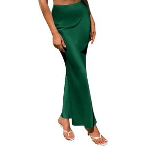 imageIDOPIP Women High Waist Satin Skirt Elegant Summer Long Maxi Skirt Formal Trendy Ruffle Work Skirts Elastic Casual Midi SkirtGreen