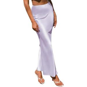 imageIDOPIP Women High Waist Satin Skirt Elegant Summer Long Maxi Skirt Formal Trendy Ruffle Work Skirts Elastic Casual Midi SkirtLight Purple