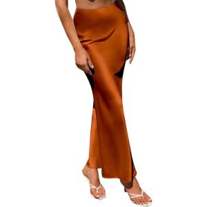 imageIDOPIP Women High Waist Satin Skirt Elegant Summer Long Maxi Skirt Formal Trendy Ruffle Work Skirts Elastic Casual Midi SkirtOrange