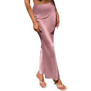 imageIDOPIP Women High Waist Satin Skirt Elegant Summer Long Maxi Skirt Formal Trendy Ruffle Work Skirts Elastic Casual Midi SkirtPink