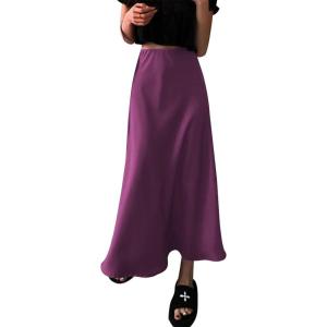 imageIDOPIP Women High Waist Satin Skirt Elegant Summer Long Maxi Skirt Formal Trendy Ruffle Work Skirts Elastic Casual Midi SkirtPurple