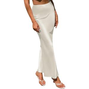 imageIDOPIP Women High Waist Satin Skirt Elegant Summer Long Maxi Skirt Formal Trendy Ruffle Work Skirts Elastic Casual Midi SkirtWhite