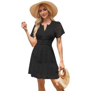 imageIDOPIP Women Short Sleeve Hollow Out Mini Dress Summer Casual Ruffle Dress Aline V Neck Sundress Beach Lace Vacation DressBlack