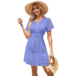 imageIDOPIP Women Short Sleeve Hollow Out Mini Dress Summer Casual Ruffle Dress Aline V Neck Sundress Beach Lace Vacation DressBlue