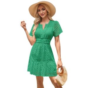 imageIDOPIP Women Short Sleeve Hollow Out Mini Dress Summer Casual Ruffle Dress Aline V Neck Sundress Beach Lace Vacation DressGreen