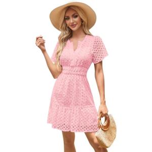 imageIDOPIP Women Short Sleeve Hollow Out Mini Dress Summer Casual Ruffle Dress Aline V Neck Sundress Beach Lace Vacation DressPink