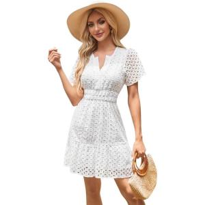 imageIDOPIP Women Short Sleeve Hollow Out Mini Dress Summer Casual Ruffle Dress Aline V Neck Sundress Beach Lace Vacation DressWhite