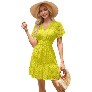 imageIDOPIP Women Short Sleeve Hollow Out Mini Dress Summer Casual Ruffle Dress Aline V Neck Sundress Beach Lace Vacation DressYellow