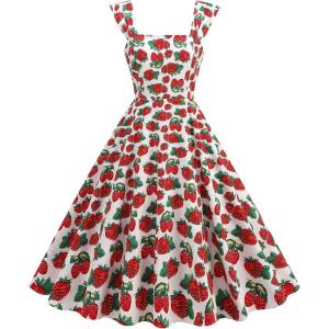 imageIDOPIP Women Vintage Elegant Swing Dress Mango Strawberry Cherry Rose Print Midi Dress 1950s Retro A Line Cocktail Prom Gown