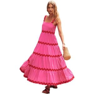 imageIDOPIP Womens Sleeveless Casual Tiered Dress Summer Flounce Long Maxi Dress Spaghetti Straps Loose Fit Sundress OutfitRose