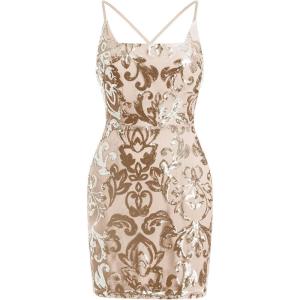 imageIDOPIP Womens Sparkly Sequin Dress Spaghetti Straps Bodycon Mini Dress Glitter Homecoming Cocktail Party Night Club DressesGold