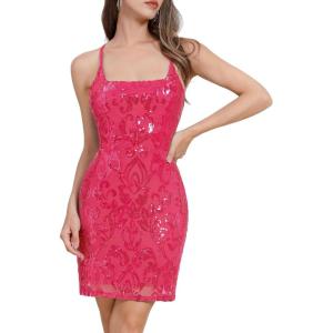 imageIDOPIP Womens Sparkly Sequin Dress Spaghetti Straps Bodycon Mini Dress Glitter Homecoming Cocktail Party Night Club DressesHot Pink