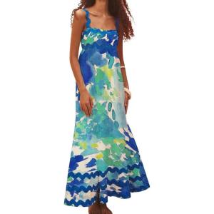 imageIDOPIP Womens Summer Casual Dress Beach Floral Maxi Dress Elegant Spaghetti Sleeveless Smocked Sundress Weeding Guest DressBluetiedye