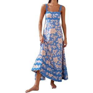 imageIDOPIP Womens Summer Casual Dress Beach Floral Maxi Dress Elegant Spaghetti Sleeveless Smocked Sundress Weeding Guest DressLight Blue
