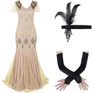 imageWomens 1920s Flapper Dress Vintage Great Gatsby Party Sequin Maxi Evening Cocktail Dresses with 20s Accessories SetApricot