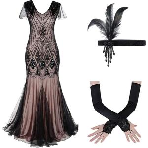 imageWomens 1920s Flapper Dress Vintage Great Gatsby Party Sequin Maxi Evening Cocktail Dresses with 20s Accessories SetBlack  Pink