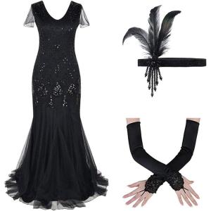 imageWomens 1920s Flapper Dress Vintage Great Gatsby Party Sequin Maxi Evening Cocktail Dresses with 20s Accessories SetBlack