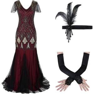 imageWomens 1920s Flapper Dress Vintage Great Gatsby Party Sequin Maxi Evening Cocktail Dresses with 20s Accessories SetDark Red