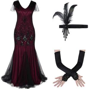 imageWomens 1920s Flapper Dress Vintage Great Gatsby Party Sequin Maxi Evening Cocktail Dresses with 20s Accessories SetRed