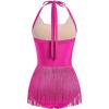 imageIDOPIP Women Sequin Fringe Bodysuit Sparkly Tassel Romper Jumpsuits Halter Latin Dance Dress Sexy Festival Rave Party OutfitsHot Pink