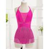 imageIDOPIP Women Sequin Fringe Bodysuit Sparkly Tassel Romper Jumpsuits Halter Latin Dance Dress Sexy Festival Rave Party OutfitsHot Pink