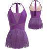 imageIDOPIP Women Sequin Fringe Bodysuit Sparkly Tassel Romper Jumpsuits Halter Latin Dance Dress Sexy Festival Rave Party OutfitsPurple