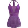 imageIDOPIP Women Sequin Fringe Bodysuit Sparkly Tassel Romper Jumpsuits Halter Latin Dance Dress Sexy Festival Rave Party OutfitsPurple