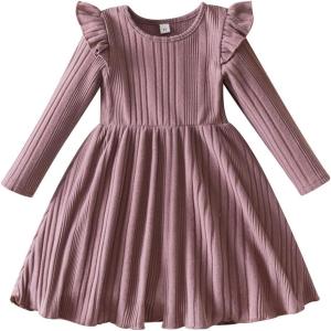 imageIDOPIP Toddler Girls Sweater Dress Long Sleeve Ribbed Knit Ruffle Dress Kids Birthday Pageant Winter Fall Christmas DressDusty Pink