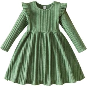 imageIDOPIP Toddler Girls Sweater Dress Long Sleeve Ribbed Knit Ruffle Dress Kids Birthday Pageant Winter Fall Christmas DressGreen